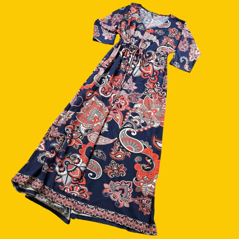 Haani Maxi Dress Women PS Navy Blue Orange Paisley Boho Resort Vacation Floral‎